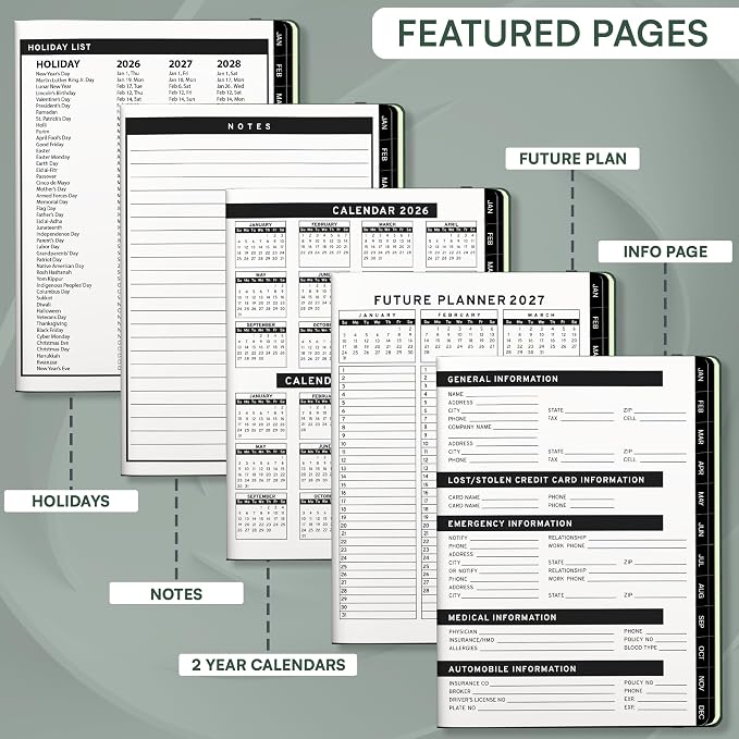 Ensight 2026 Hardcover Appointment Book & Planner 8.5" x 11" inches Large Tabbed Daily Hourly Weekly Planner Schedule Book 15 Minute time Slots Business & Personal Planner Jan 2026 Dec 2026 Dark Green