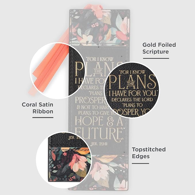 Christian Art Gifts Premium Inspirational Scripture Vegan Leather Women's Bookmark: I Know the Plans Encouraging Golden Bible Verse, Pink Satin Ribbon, Book Reading Accessory, Black Multicolor Floral