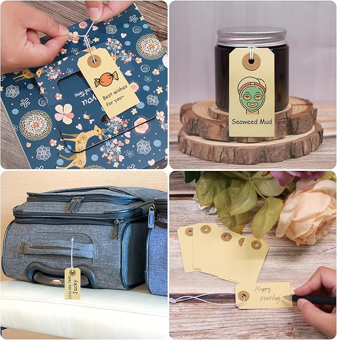 Manila Paper Tags with Elastic String - Coideal 200 Pcs Small Hang Price Tags Attached Reinforced Hole, Blank Marking Shipping Label for Hanging Gift Clothing Jewelry (2 3/4" x 1 3/8")