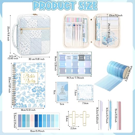 Capoda Bible Cover Case for Women, Bible Tote Bibles Study Supplies with Notebook Highlighters Ballpoint Pen Sticky Notes Scripture Card for Mother's Day Christian Gifts Women Mom Girls(Patch,Blue)