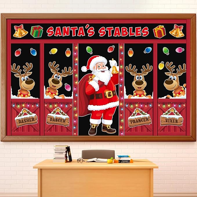 Christmas Bulletin Board Set Santa's Stables Classroom Decorations Santa Claus Reindeer Windows Xmas Gift Box Bells Lights Cutouts for Winter Holiday Office Home Door Wall Display