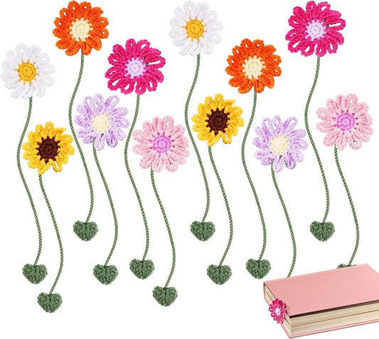 12 Packs Personalized Flower Crochet Bookmarks,Daisy Sunflower Book Marker Appreciation Gifts for Teacher Reading Women Colourful Flower Book Tabs Supplies Bulk for Book Lovers Office Classroom Gifts