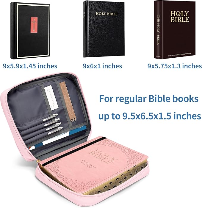 Bible Cover for Women, Bible Holder, Bible Cover Carrier Carrying Organizer Bag, God is Within Her She Will Not Fall, Zipper and Pockets for Standard Size Bible, Gift for Women（Pink Leaves）
