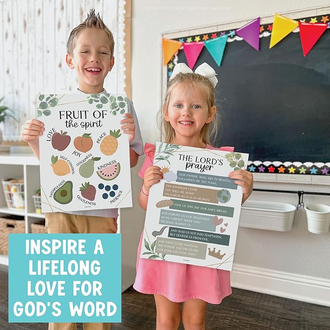 Hadley Designs Sunday School Decorations for Classroom –9 Bible Posters for Kids, Books of the Bible, 10 Commandments, Bible Timeline Chart, Fruits of the Spirit, Greenery Christian Classroom Decor