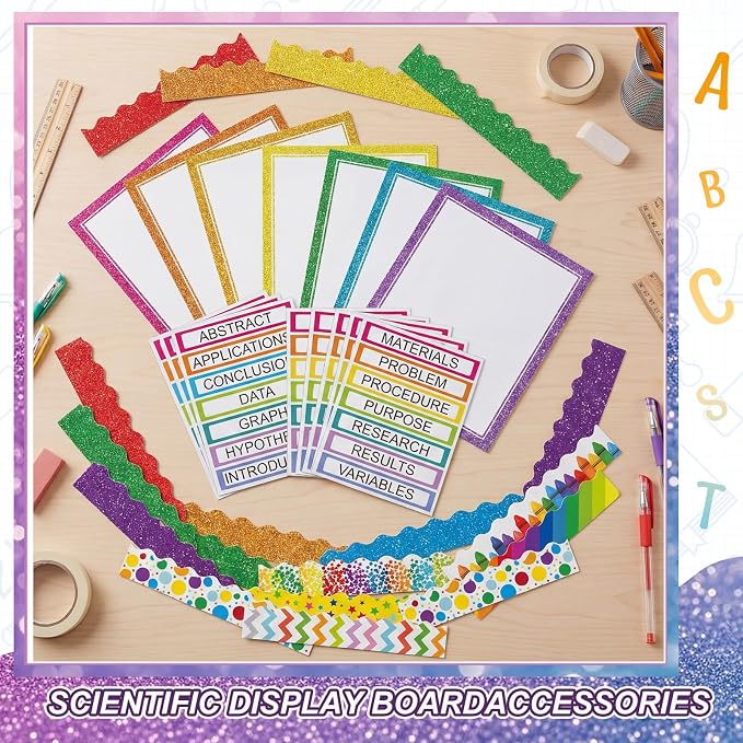 Fuyoooo 90 Pcs Science Fair Board Supplies 60 Trim Scalloped Bulletin Borders 24 Presentation Board Subtitles 6 Science Fair Titles for Classroom Display Boards(Glitter,Wave)