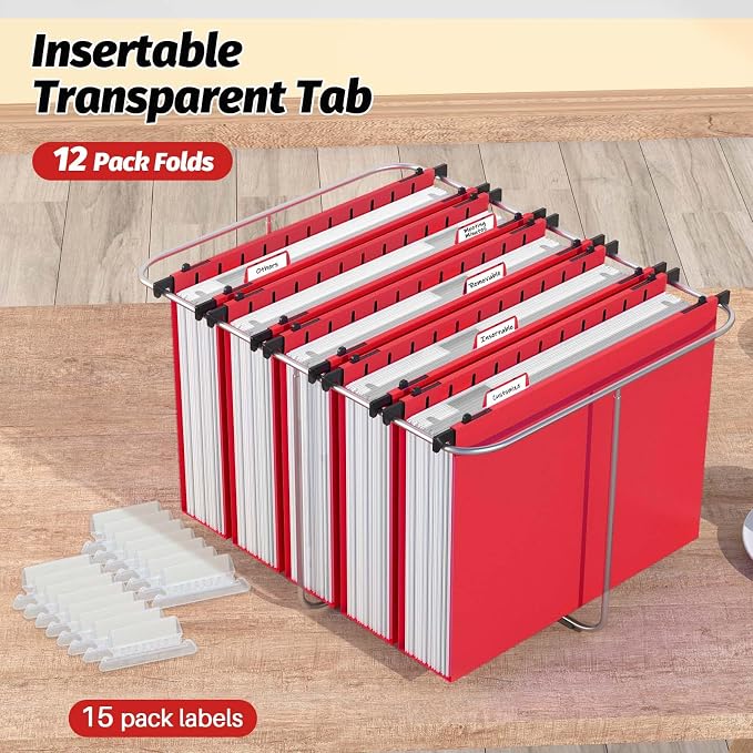 Shutex Extra Capacity Plastic Hanging File Folders,12 Pack Reinforced Hang Folders,Heavy Duty 2 Inch Expansion,Plastic Filing Cabinet Folders,Letter Size,for Bulk Files, Medical Charts,Red