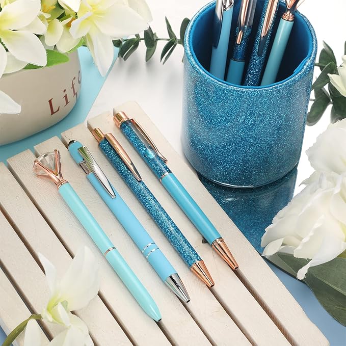 Sabary 8 Pcs Blue Pens with Pen Holder for Desk Glitter Crystal Diamond Cute Ballpoint Fancy Pencil Holder Bling Desk Organizer for Women Girls School Office Supplies Wedding Graduation Gifts