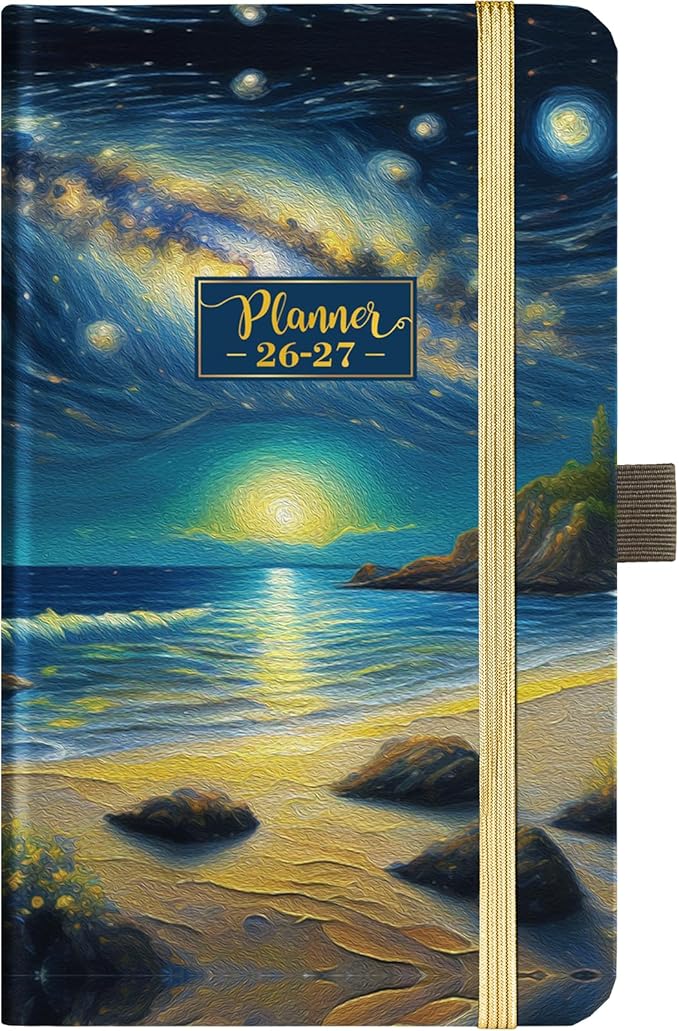 Pocket Calendar 2026-2027 - Pocket Planner 2026-2027 for Purse, Jul 2026 - Jun 2027, 6.4''×3.8'', 26-27 Planner Weekly and Monthly with Pen Loop, Back Pocket, Elastic Closure, Note Pages - Mountain and Sea