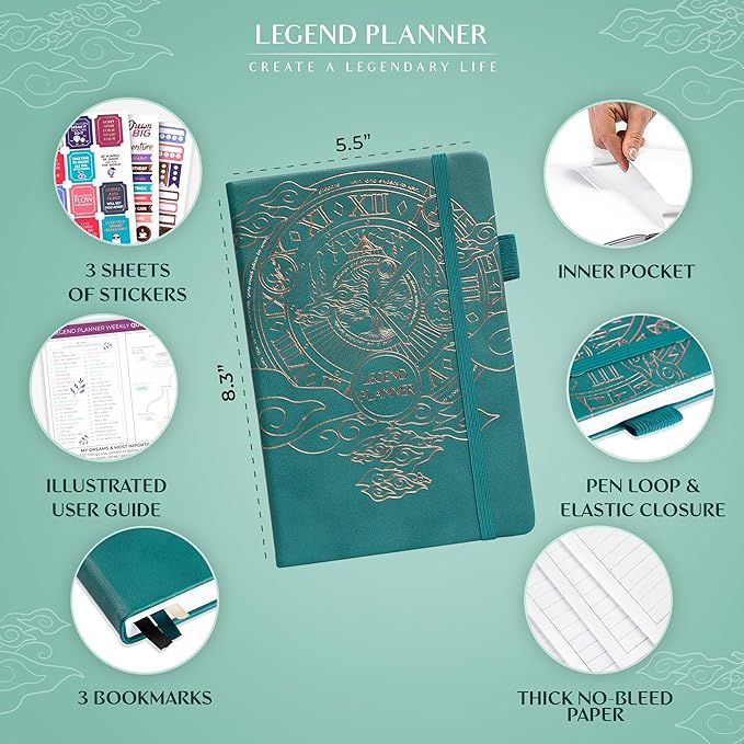 Legend Planner – Undated Weekly & Monthly Life Planner to Hit Your Goals & Live Happier, Organizer Notebook & Productivity Journal, A5 (Viridian Green, Gold)