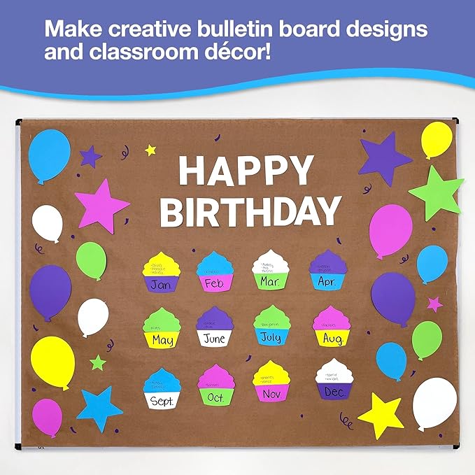 224 Pieces Birthday Party Cutouts in Happy Colors for Crafts and Decorations, Balloons, Cupcakes and Stars for Classroom Projects, Bulletin Boards, DIY Cards, Double Sided USA Made Cardstock