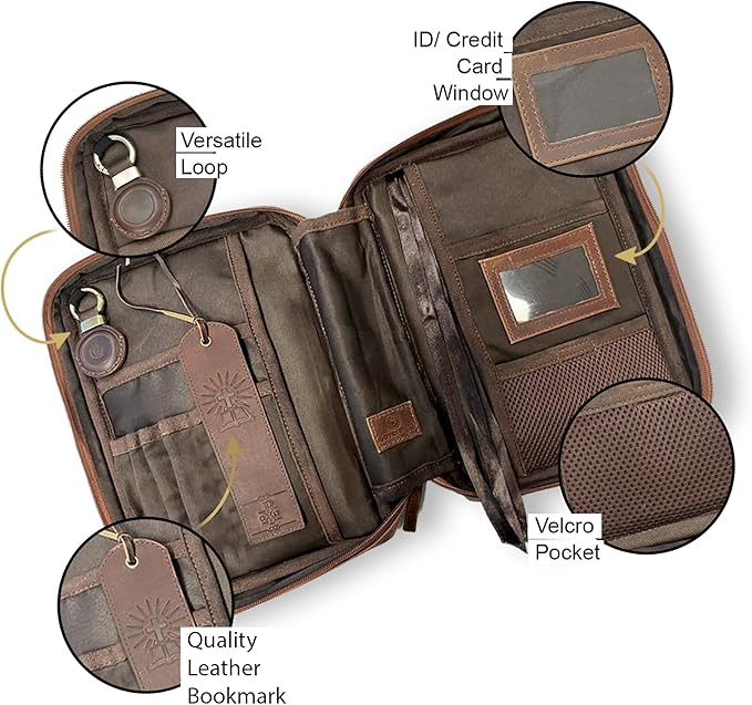 Sovereign-Gear Large Leather Bible Cover with Cross - Genuine Buffalo Leather for Men & Women, with Handle, Zipper, Pockets - Church Bag Plus Bookmark & AirTag Compatible Holder - Durable & Stylish