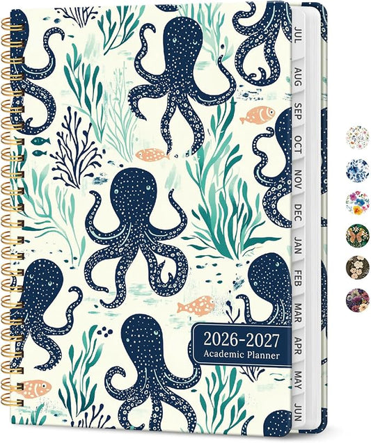 Planner 2026-2027, Academic Year Monthly and Weekly Calendar Planner, Jul 2026 - Jun 2027, Hardcover Teacher Student Planning Agenda book with Tabs, Perfect for School Office Supplies, 6.3" x 8.5" - Octopus Drift