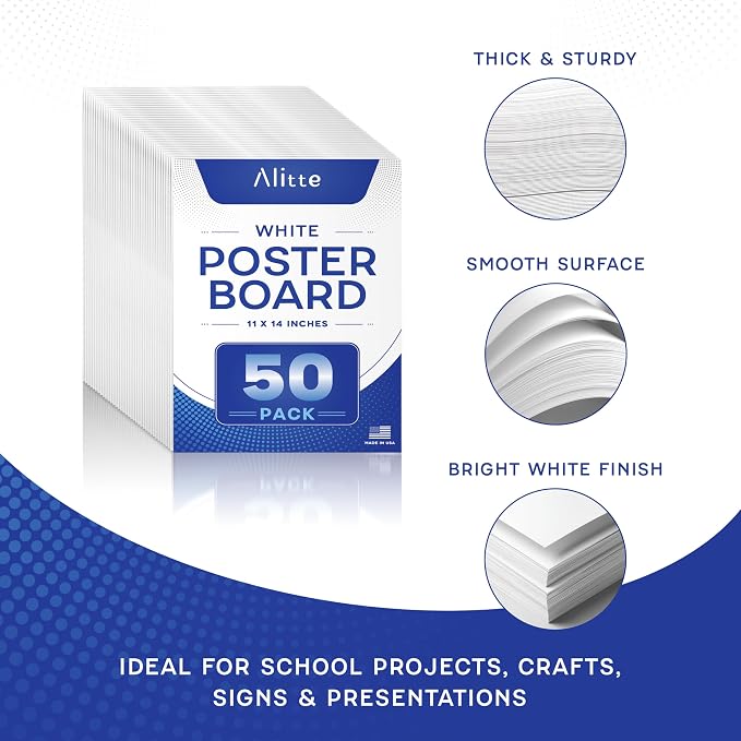 White Poster Board, 50 Sheets, Heavyweight Poster Paper, 11x14” Large Posterboard, Bulk Pack for School Projects, Presentations, Vision Board, Drawing, Classroom Use, Made in USA