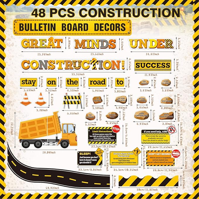 Honoson 48 Pcs Under Construction Bulletin Board Decorations Road to Success Bulletin Boards Construction Inspirational Classroom Decors for Teacher Library Classroom Chalkboard Wall Decor(Dump Truck)