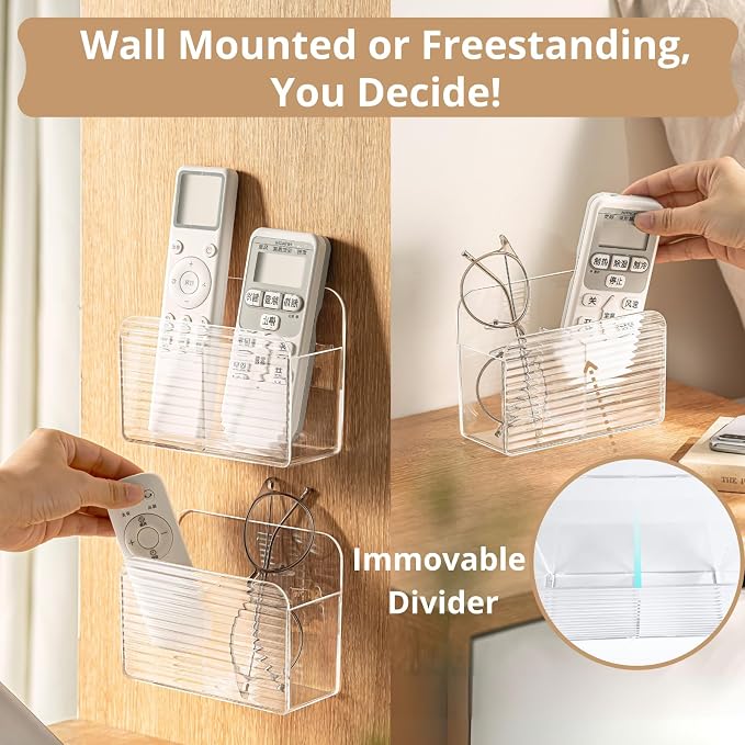 LINFIDITE 2 Pack Adhesive TV Remote Control Holder Wall Mount TV Remote Holder For Bedside Wall Remote Control Caddy Storage Organizer Stand Box （For 2 Or 4 Remote Controls – Transparent ）