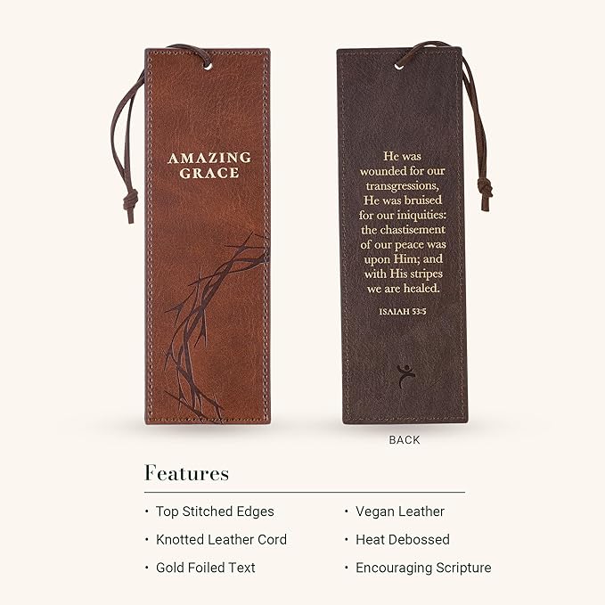Christian Art Gifts Premium Vegan Leather Inspirational Scripture Bookmark for Men & Women: Amazing Grace, Crown of Thorns Design, Motivating Scripture, Durable Cord, Reading Accessory, Brown & Gold