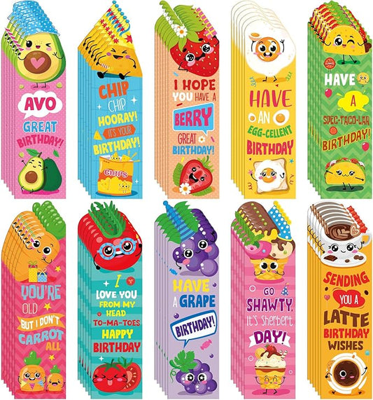 60 Pieces Happy Birthday Scented Bookmarks Fruit Food Themed Scented Birthday Bookmark Scratch and Sniff Bookmark with Funny Pun Sayings, Classroom Gifts for Kids Students Teacher Reward, 10 Styles