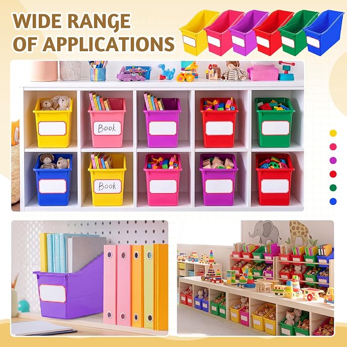 Teling 36 Pcs Book Bins Bulk - Plastic Book Storage Bin with Labels for Classroom Interlocking Magazine Holder Organizer Binder Container Box for School Office Desktop Bookshelf Home (Rainbow Bright)