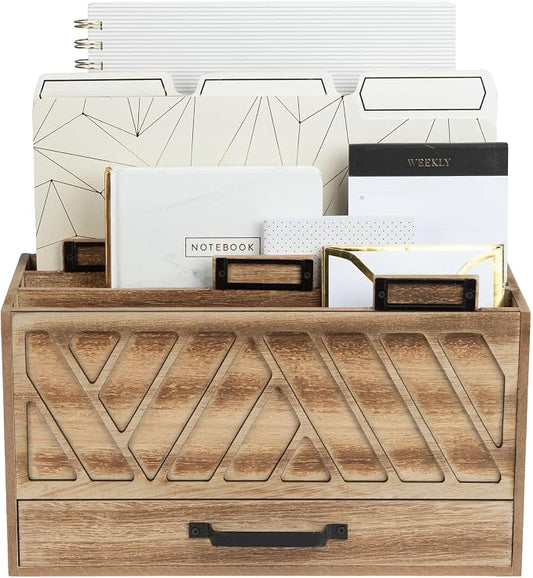 BLU MONACO | Natural Wood Desktop Mail Organizer with Drawer | Three-Tier Mail Sorter with Black Label Holders | Countertop Mail Holder & Document Storage for Home or Office