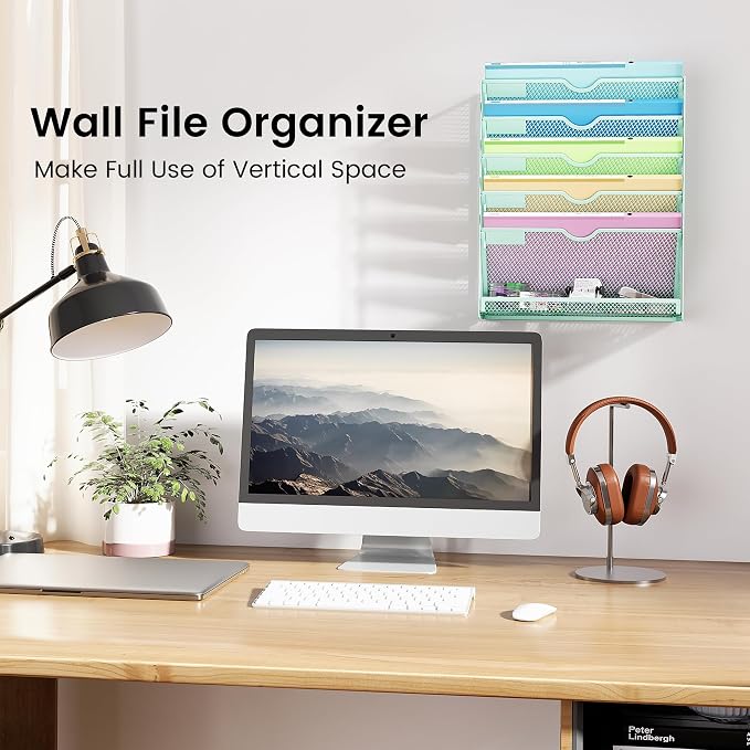 Hanging Wall File Organizer, 6-Tier Mint Green Desk Organizer with Metal Mesh, Foldable Document Organizer for Office Desk, Wall Mount Magazine Rack for Mail/Books/Tablet