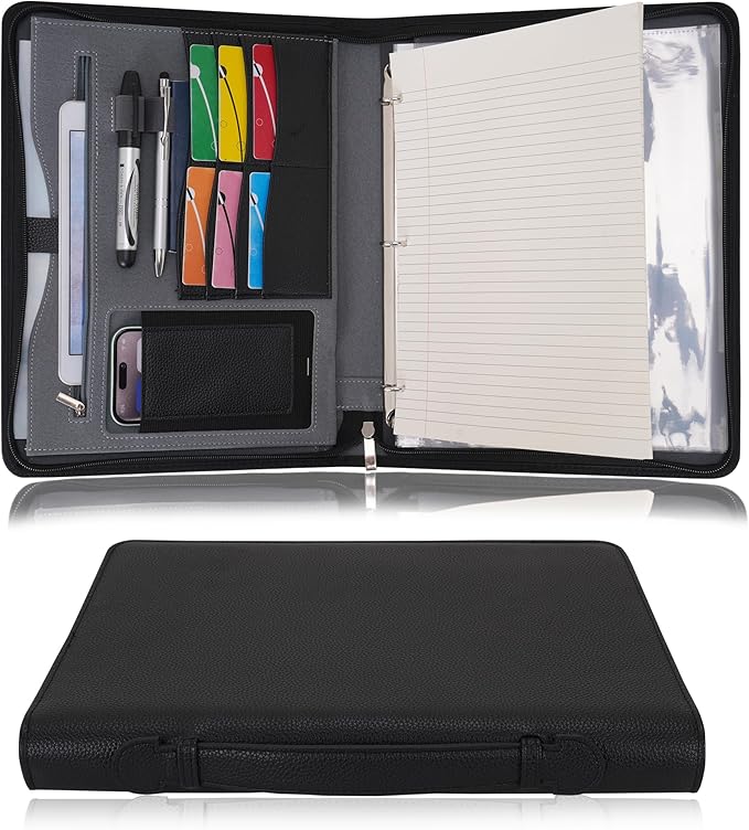 Wonderpool Travel Zippered Portfolio 3 Ring Binder A4 Padfolio Document Case with Removable Clipboard Legal Pad Holder, Business Office School Organizer for Men and Women (Black)