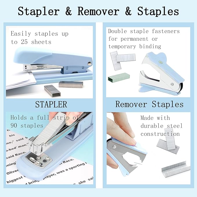Scindaly Blue Office Desk Accessories Supplies, 10pcs Desk Organizers and Accessories with Tape Dispenser and Stapler,Staples,Scissor,Ruler,Sticky Tabs,Tape,Ballpoint Pen,Clips Set