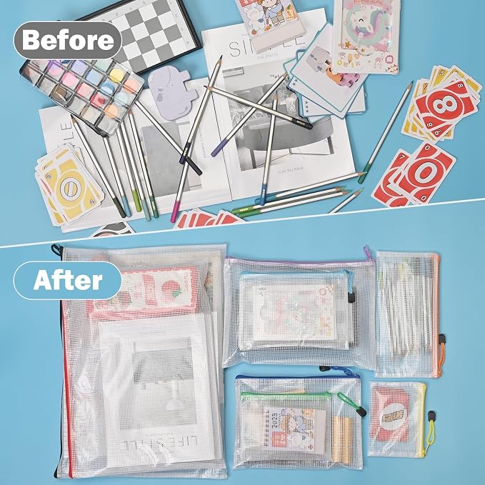 Krvyrn Multisize Mesh Zipper Pouches (20 Packs 9 Sizes) for Storage and Organization, Waterproof Mesh Pouches for Puzzle, Board Game, Toys, Travel, School, and Office Supplies