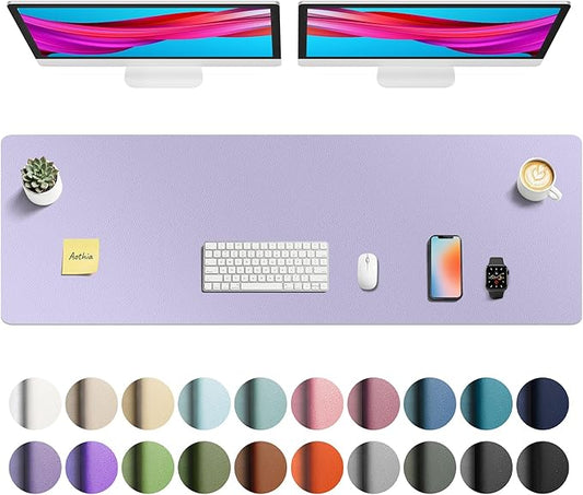 Aothia Faux Leather Desk Mat - Non-Slip PU Leather Desk Blotter, Waterproof Writing Surface, Large Desk Pad for Office & Home (Lavender, 55" x 17")