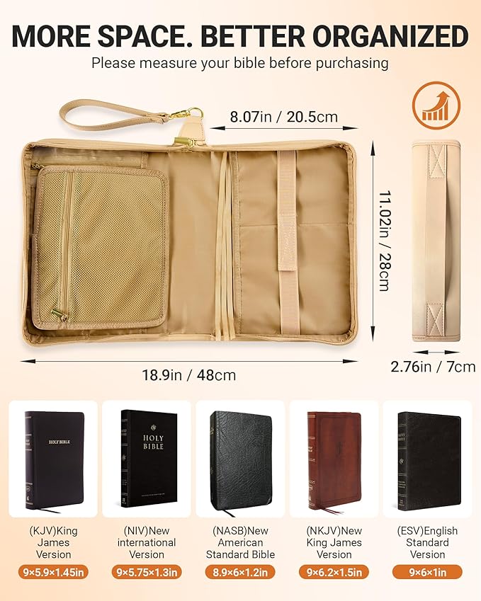 Bible Cover Case for Women, Large PU Leather Bible Bag with Multiple Pockets, Reinforced Handle and Wrist Strap, Zippered Organizer for Bible Study and Church, Gift for Her, Beige