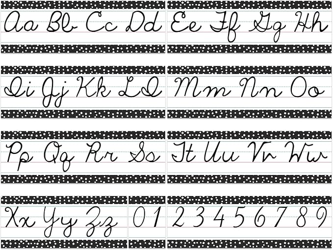 Set of 9 Cursive Writing Bulletin Board Cursive Alphabet Wall Strip for Teacher Supplies, Classroom Teaching Tool, Homeschooling, Kids Education(Black Dot)