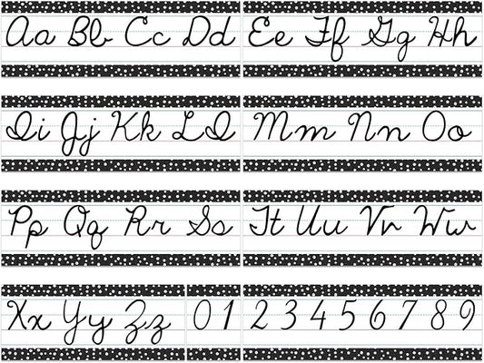 Set of 9 Cursive Writing Bulletin Board Cursive Alphabet Wall Strip for Teacher Supplies, Classroom Teaching Tool, Homeschooling, Kids Education(Black Dot)