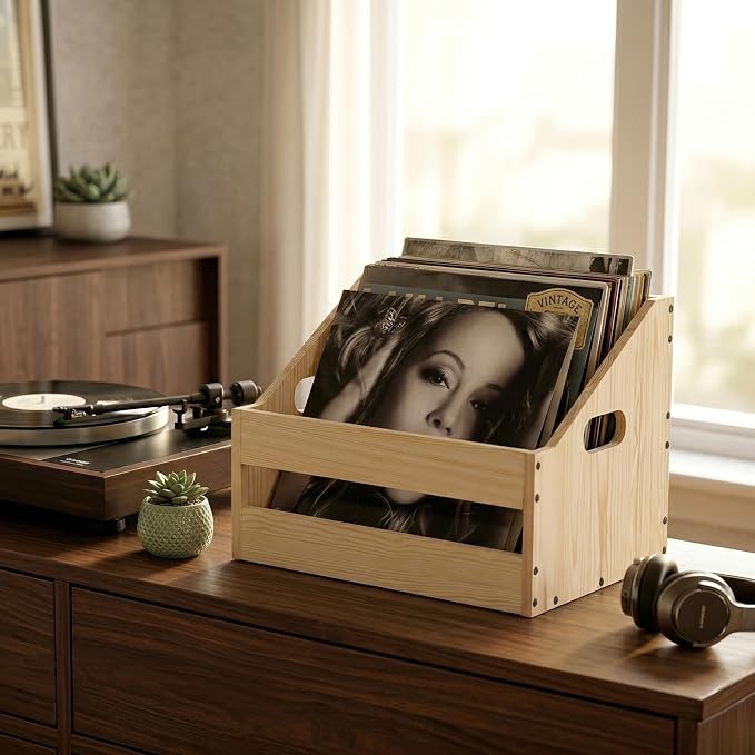 Vinyl Record Storage，Record Box Case Crate，Wooden Record Holder，Wooden crate， Desktop Storage for organizing,Wooden crate for folders, books, albums ，natural pine