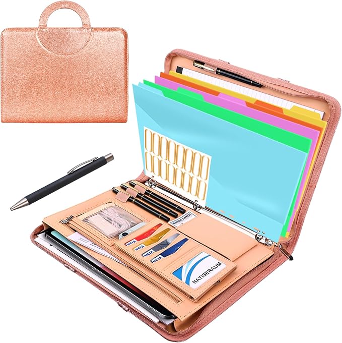 Padfolio Portfolio Binder with Handle, 3-Ring Folder Organizer, Vegan Leather Portfolio with Notepad Includes 5 Dividers with 10 Pockets for Documents Filesfor Documents Files and 1 Pen