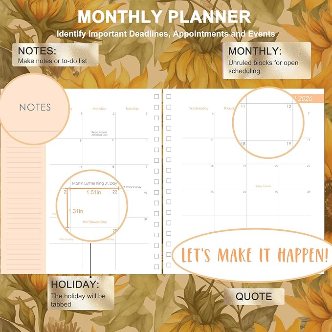 CAGIE 2026 Planner Weekly and Monthly — January - December 2026 Calendar, Hardcover Spiral Bound, 13 Monthly Dividers Tabs, Stickers, 8.3 x 9.3 Inch, Women Sunflower Planner Agenda For Work, Family Affiar, Personal