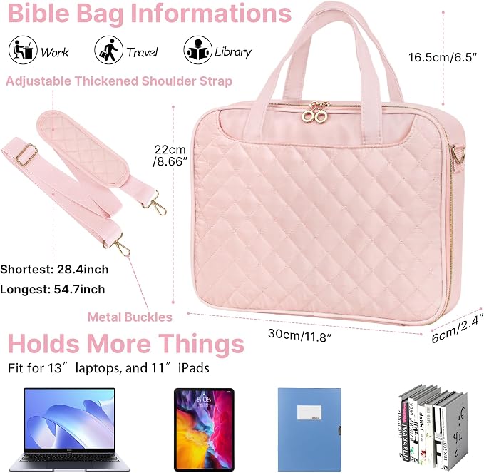 PUGPIU Bible Cover Case for Women, Large Quilted Bible Bag with Shoulder Strap and Handle, Bible Study Supplies Journaling Kit with Highlighters Pens No Bleed Tabs Notebook Cross Clips (Pink)