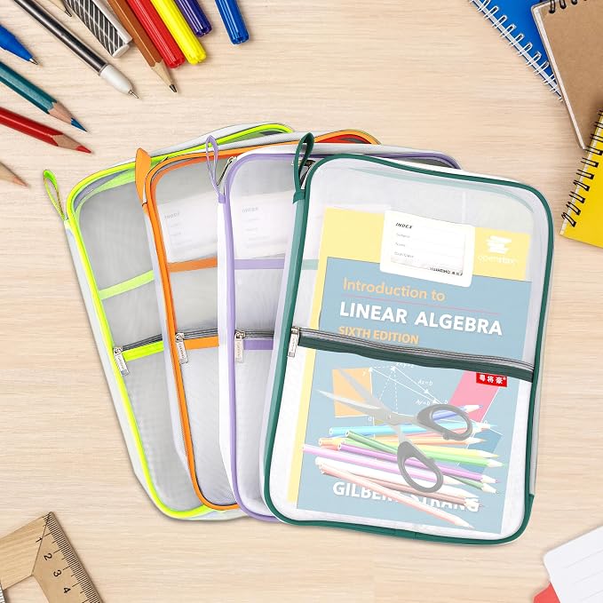 Pendancy Mesh Zipper Pouch 14.8x10.8 in Transparent Lightweight Nylon File Folders, A4 Size Multi-Layer Subject Document Organizer Accessories Storage Bag for Office and School Supplies(Green)