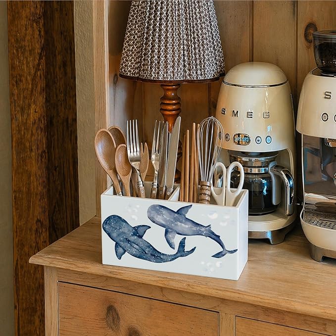 Whale Shark Beach Pen Pencil Holder for Desk Blue Whale Shark Gifts，Coastal Ocean Marine Biology Wooden Box Sign Decorations for Home Office Desk Tabletop，Beach Office Decor,