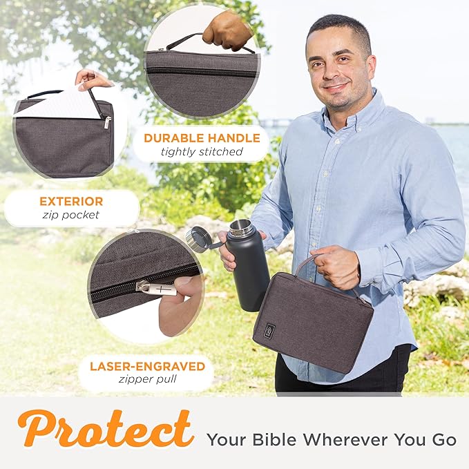 Christian Art Gifts Men & Women’s Bible Cover – Gray Canvas, Large Size with Jesus Fish Symbol – Durable, Inspirational Scripture Case with Zipper Closure, Handle, Pen Loop & Storage Pockets