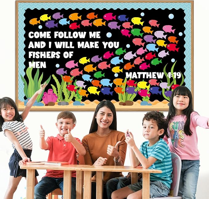 Fishers of Men Bulletin Board Classroom Decorations Christian Religious Bible Bulletin Board Sets Fish Paper Cutouts for Jesus Church Sunday Summer VBS Back to School Teacher Chalkboard Wall Supplies