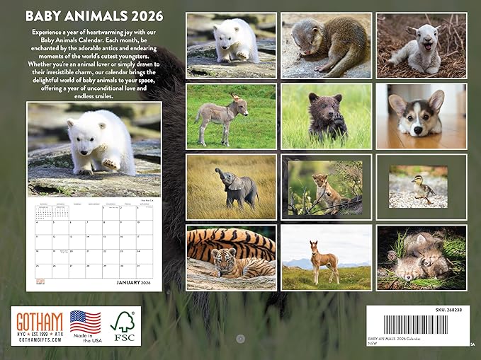 Cute Baby Animal Calendar 2026 Kids Monthly Wall Calender 12 Month | American Made In The USA