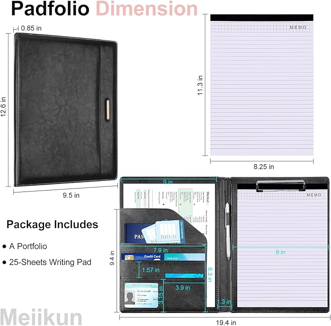 Padfolio with Clipboard, PU Leather Business Portfolio Binder, Interview Resume Folder with Card Holder, A4 Letter Document Organizer Included Writing Note Pad for School Office Conference (Black)