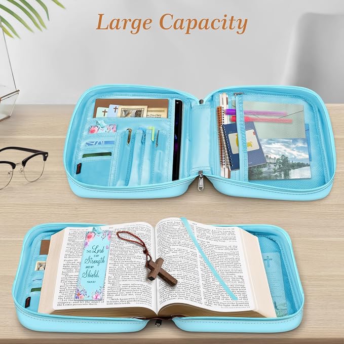 FINPAC Bible Cover, Carrying Book Case Church Bag Bible Protective with Handle and Zippered Pocket, Gift for Mother Lady Women Men, Floral Light Blue