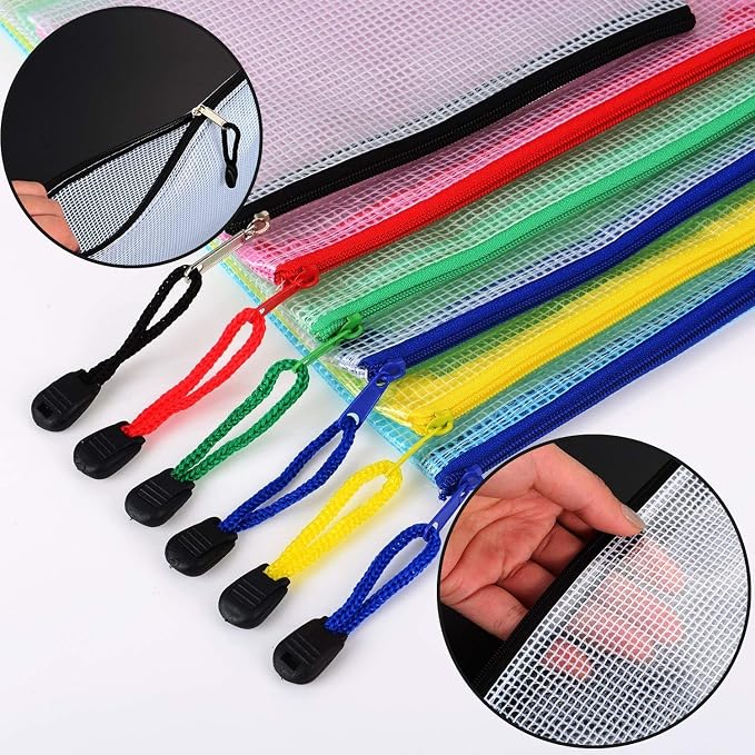 Plastic Zipper Pen File Document Folders Pockets Bags, 12-Pieces,Multicolor (A3)