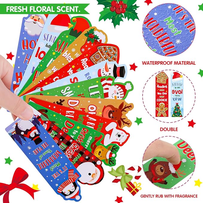 Fainne 60 Pieces Christmas Scented Bookmarks Kids Bulk Scratch and Sniff Classroom Valentines Back to School Bookmarks Gift Stuff for Students Christmas End of Year Graduation Birthday Favor