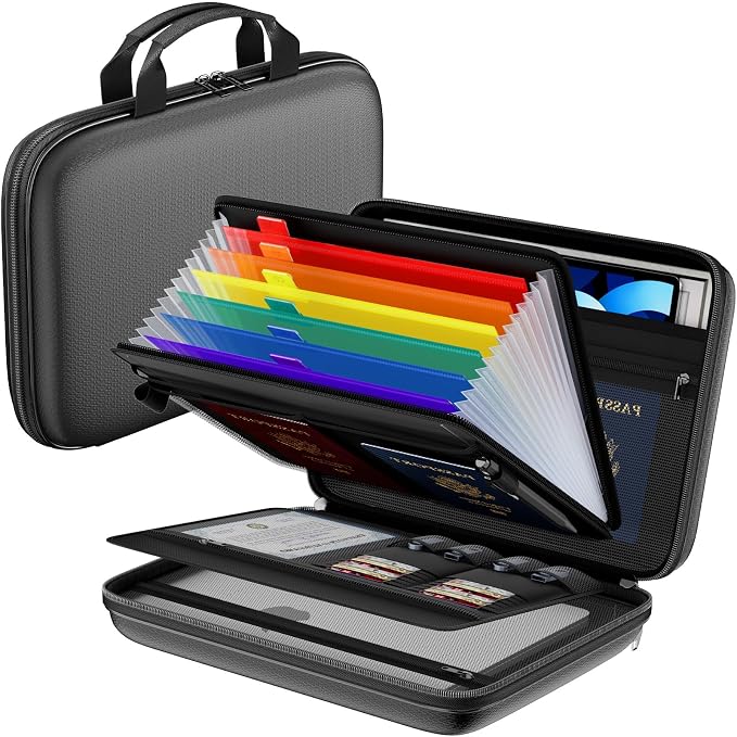 Tamfile Fireproof Document Box with Handle, Hard Case File Organizer, Black | File Organizer, 7-Pocket Accordion Colour File Folder, Portable Safe Storage, For Important Documents & Laptop