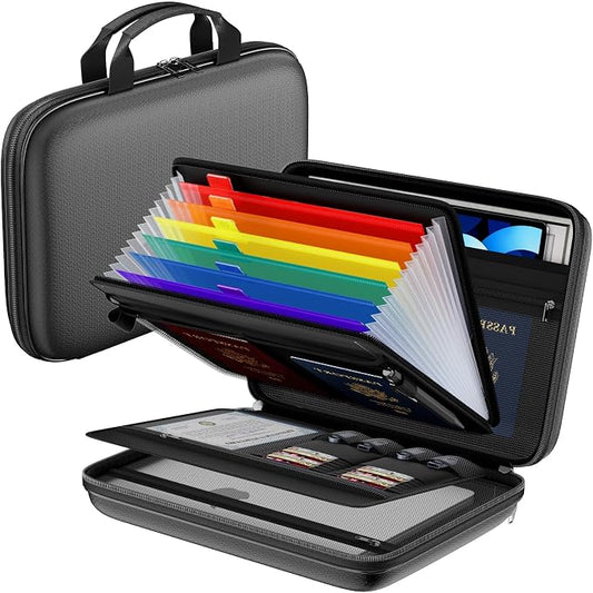 Tamfile Fireproof Document Box with Handle, Hard Case File Organizer, Black | File Organizer, 7-Pocket Accordion Colour File Folder, Portable Safe Storage, For Important Documents & Laptop