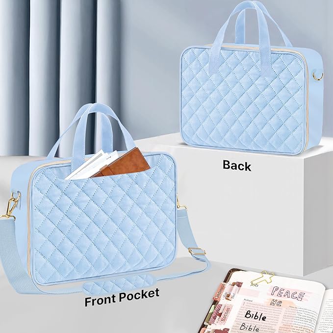PUGPIU Bible Cover Case for Women, Large Quilted Bible Bag with Shoulder Strap and Handle, Bible Study Supplies Journaling Kit with Highlighters Pens No Bleed Tabs Notebook Cross Clips (Light Blue)