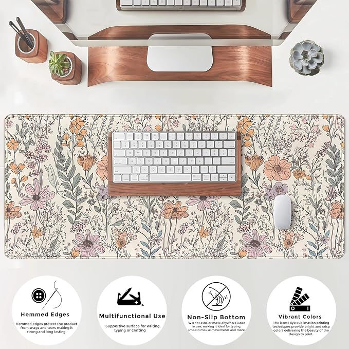 Floral Desk Mat Cute Wildflowers Large Mouse Pad Extended Plant Gaming Mousepad XL Keyboard Mouse Mat Nature Botanical Aesthetic Desk Pad 31.5"x11.8" for Work Office Decor Gifts