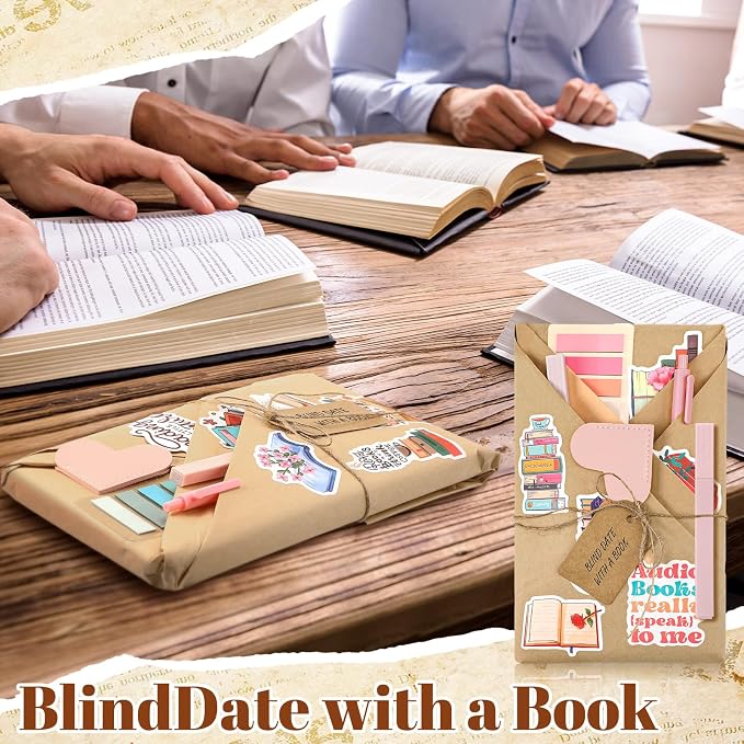 6 Set Blind Date with a Book Gift Box Supplies Excluding Books Bulk Leather Bookmarks Sticker Kraft Tags Pens Wrapping Papers Bookish Readers Back to School Graduation Book Lovers Club Gifts