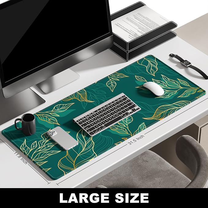 BOSOBO Large Mouse Pad, XXL XL Extended Gaming Mouse Mat, Desk Mat for Office & Home, Long Keyboard Mat, Huge Desktop Full Cover 31.5 x 11.8 Inches, Artistic Luxury Leaves Green